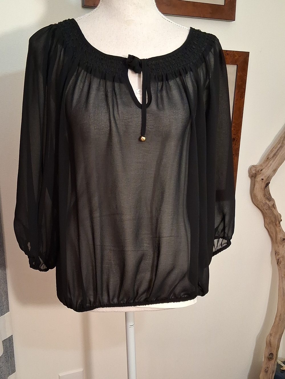 Ellen Tracy Black Sheer Peasant Blouse with Tie Neck